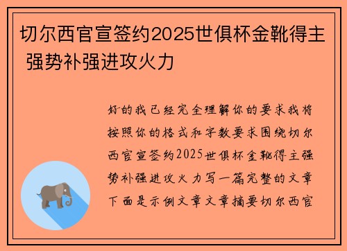 切尔西官宣签约2025世俱杯金靴得主 强势补强进攻火力