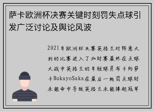 萨卡欧洲杯决赛关键时刻罚失点球引发广泛讨论及舆论风波
